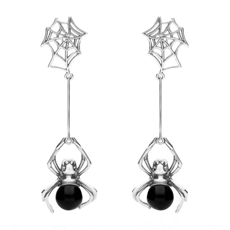 Sterling Silver Whitby Jet and Marcasite Spider Drop Earrings - Silver