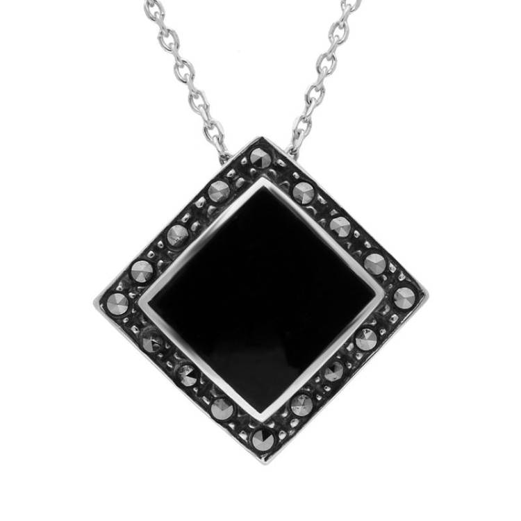 Sterling Silver Whitby Jet and Marcasite Square Framed Necklace D - Silver