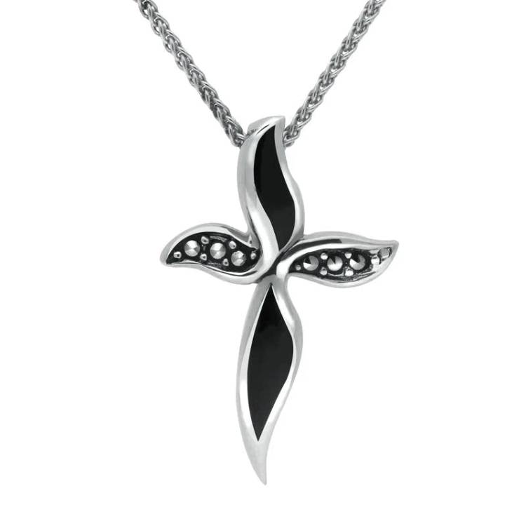 Sterling Silver Whitby Jet and Marcasite Wavy Cross Necklace - Silver