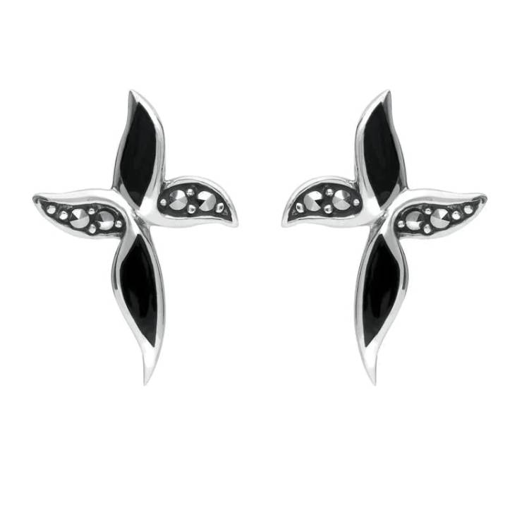 Sterling Silver Whitby Jet and Marcasite Wavy Cross Stud Earrings - Silver