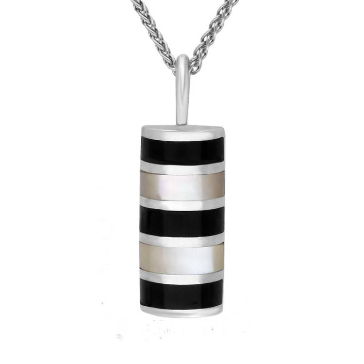 Sterling Silver Whitby Jet and Mother of Pearl Five Stone Half Tube Necklace - Silver