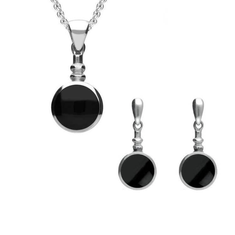 Sterling Silver Whitby Jet Round Bottletop Two Piece Set