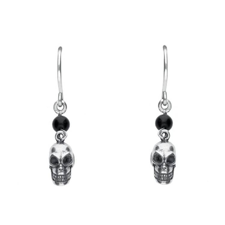 Sterling Silver Whitby jet Mini Skull One Stone Drops Earrings - Silver