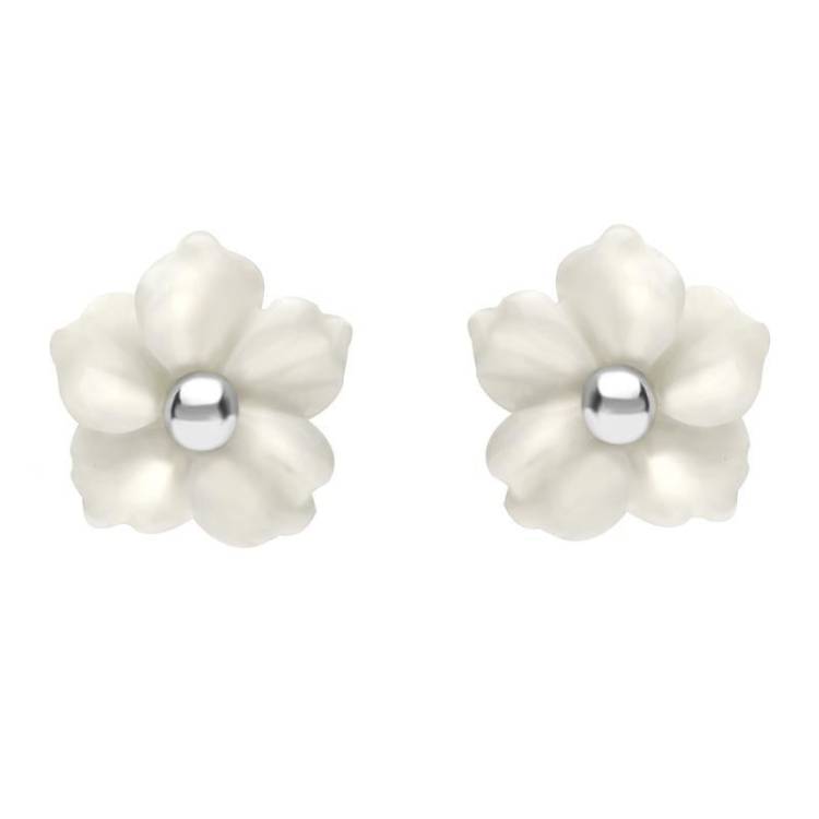 Sterling Silver White Agate Tuberose 8mm Carnation Stud Earrings - Silver