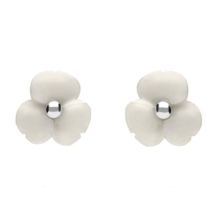 Sterling Silver White Agate Tuberose 8mm Clover Stud Earrings - Silver