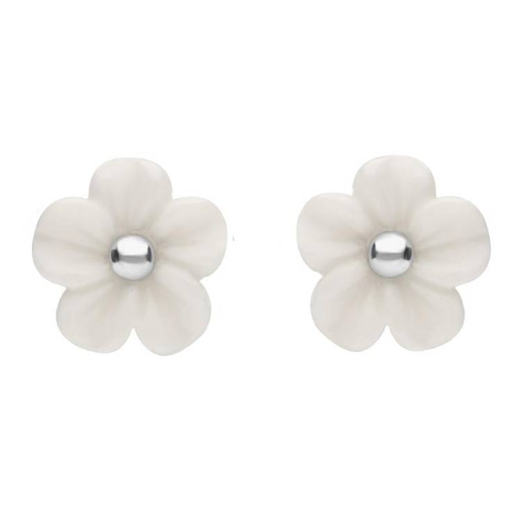 Sterling Silver White Agate Tuberose 8mm Desert Rose Stud Earrings - Silver