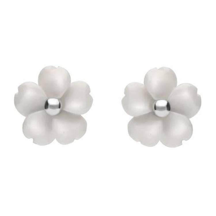 Sterling Silver White Agate Tuberose 8mm Gypsophila Stud Earrings - Silver