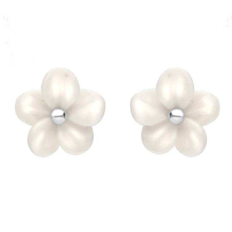Sterling Silver White Agate Large Tuberose 10mm Pansy Stud Earrings - Silver