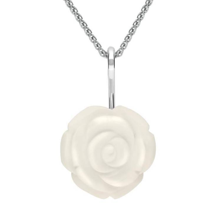 Sterling Silver White Agate Tuberose 20mm Rose Necklace - Silver