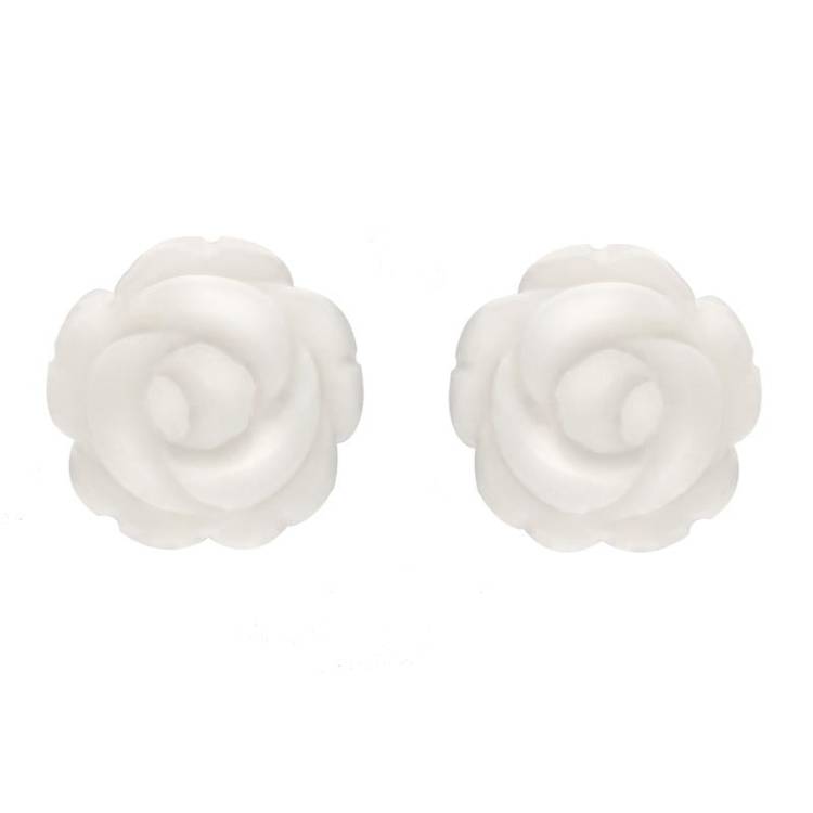 Sterling Silver White Agate Tuberose 10mm Rose Stud Earrings - Silver