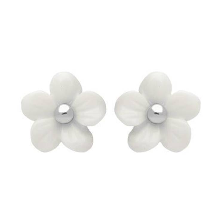 Sterling Silver White Agate Tuberose 8mm Pansy Stud Earrings - Silver