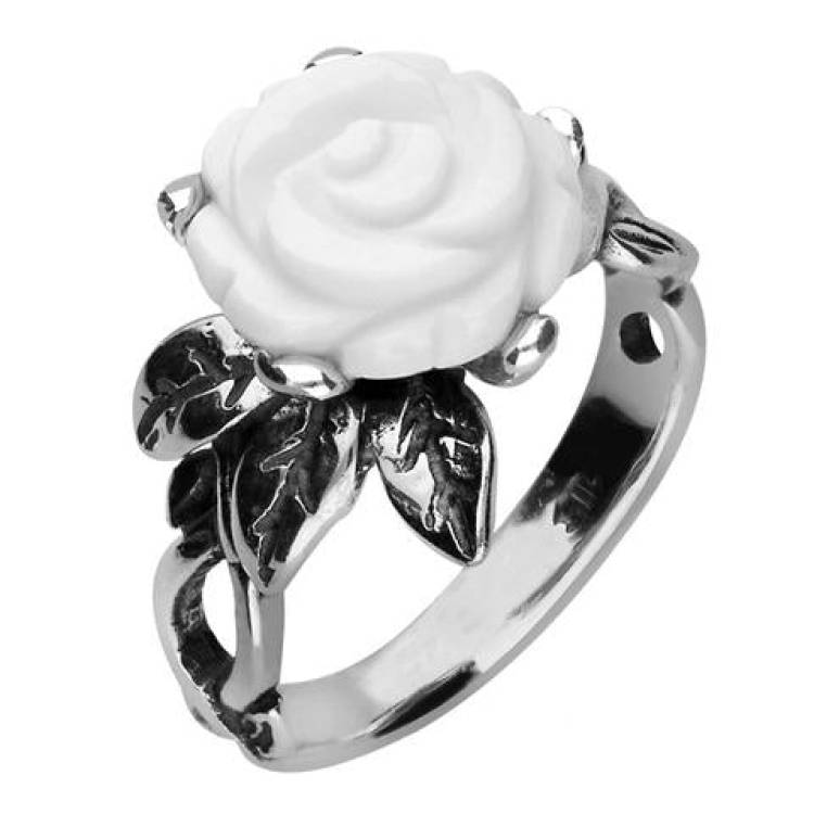 Sterling Silver White Agate Tuberose 10mm Rose Leaf Twist Ring - Silver