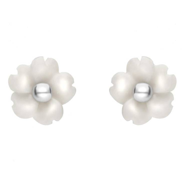 Sterling Silver White Agate Tuberose 6mm Gypsophila Stud Earrings - Silver