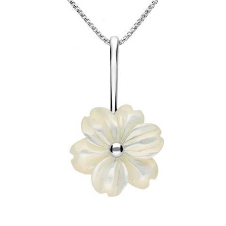 Sterling Silver White Mother of Pearl Tuberose 18mm Dahlia Necklace - Silver