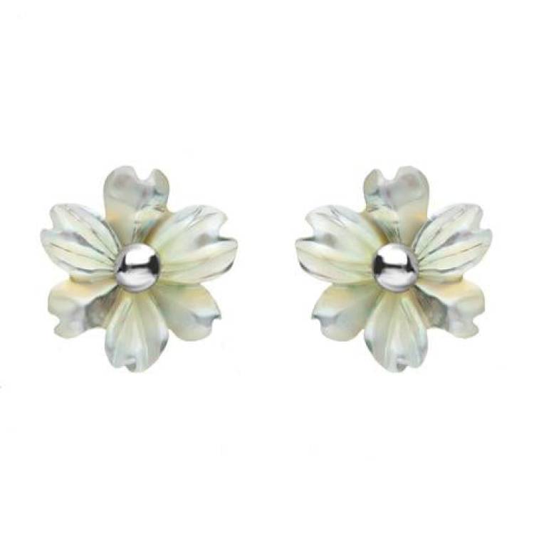 Sterling Silver White Mother of Pearl Tuberose 8mm Dahlia Stud Earrings - Silver
