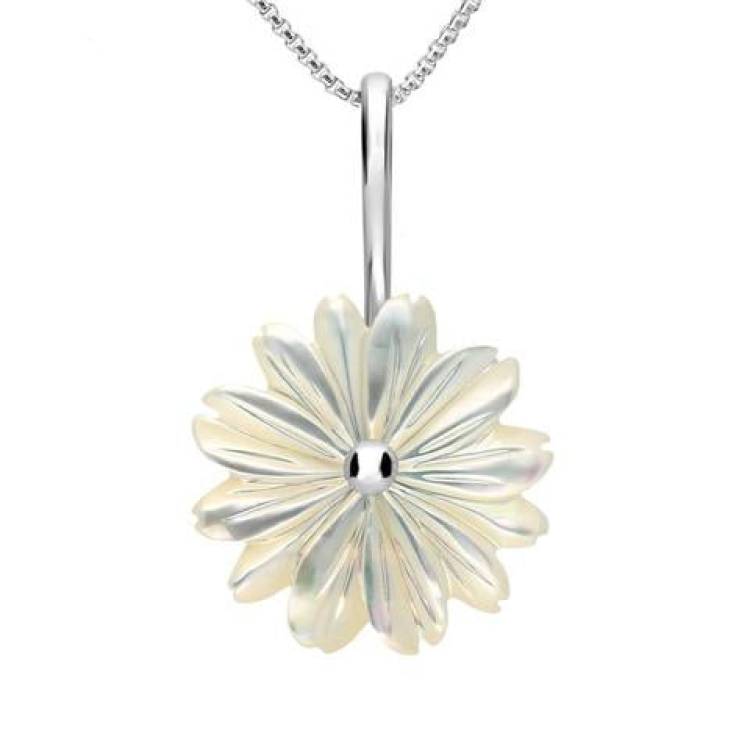 Sterling Silver White Mother of Pearl Tuberose 20mm Daisy Necklace - Silver