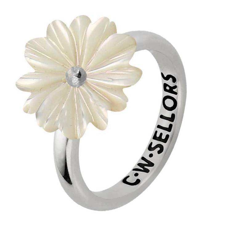 Sterling Silver White Mother of Pearl Tuberose 15mm Daisy Ring - Silver