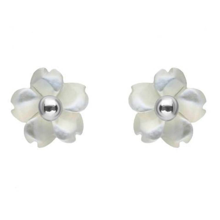 Sterling Silver White Mother of Pearl Tuberose 6mm Gypsophila Stud Earrings - Silver