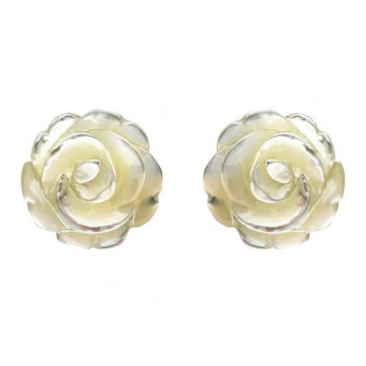 Sterling Silver White Mother of Pearl Tuberose 10mm Rose Stud Earrings - Silver