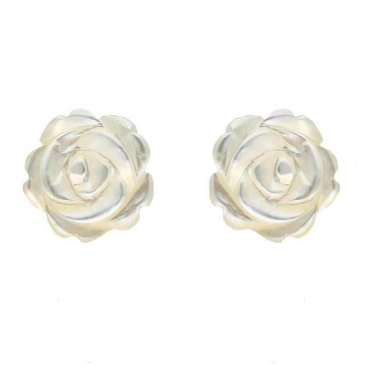 Sterling Silver White Mother of Pearl Tuberose 8mm Rose Stud Earrings - Silver
