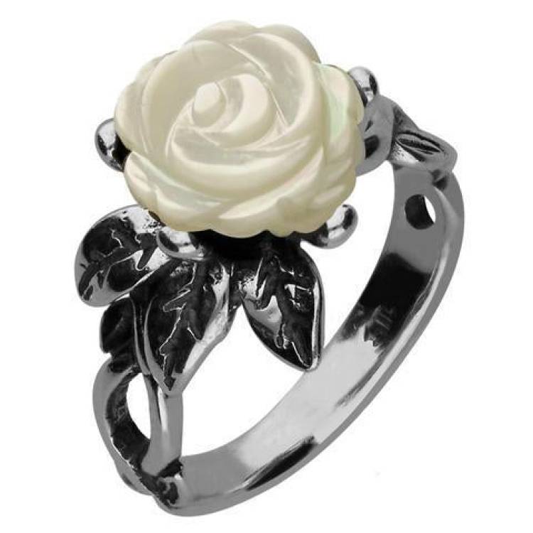 Sterling Silver White Mother of Pearl Tuberose 10mm Rose Twist Leaf Ring - Silver