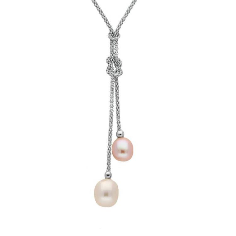 Sterling Silver White Peach Pearl Two Stone Knot Drop Necklace - Silver