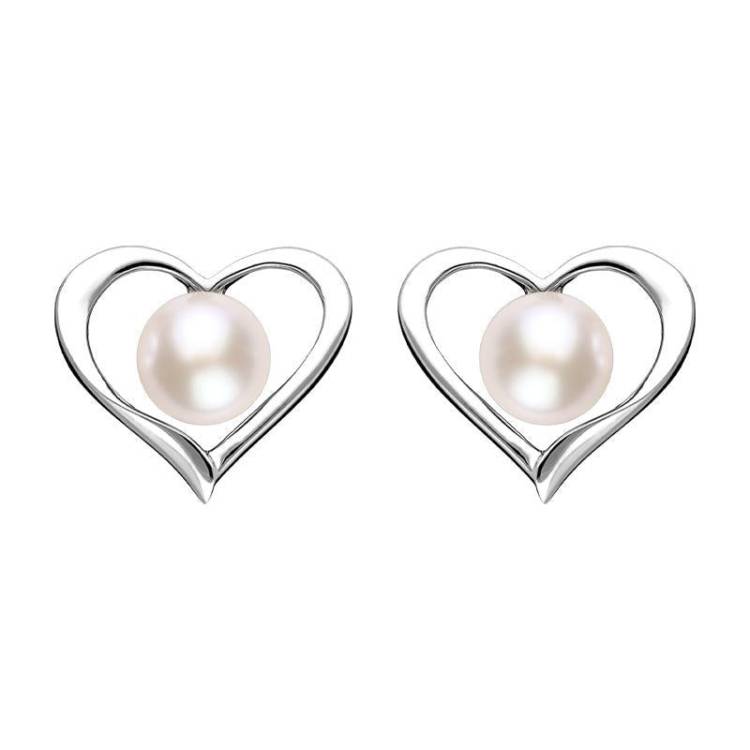 Sterling Silver White Pearl Open Heart Stud Earrings