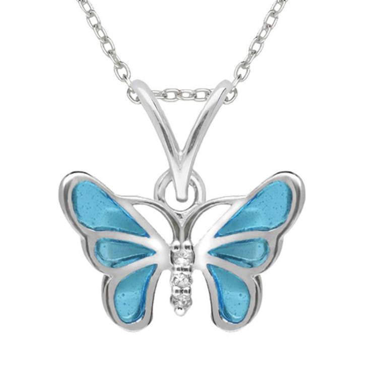Sterling Silver White Sapphire Blue Enamel House Style Butterfly Necklace - Silver