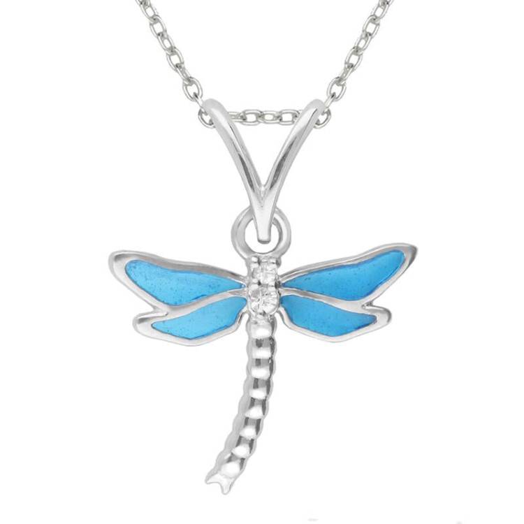 Sterling Silver White Sapphire Blue Enamel House Style Dragonfly Necklace