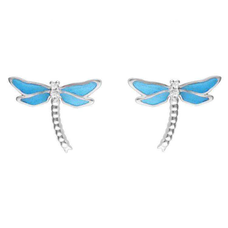 Sterling Silver White Sapphire Blue Enamel House Style Dragonfly Stud Earrings - Silver