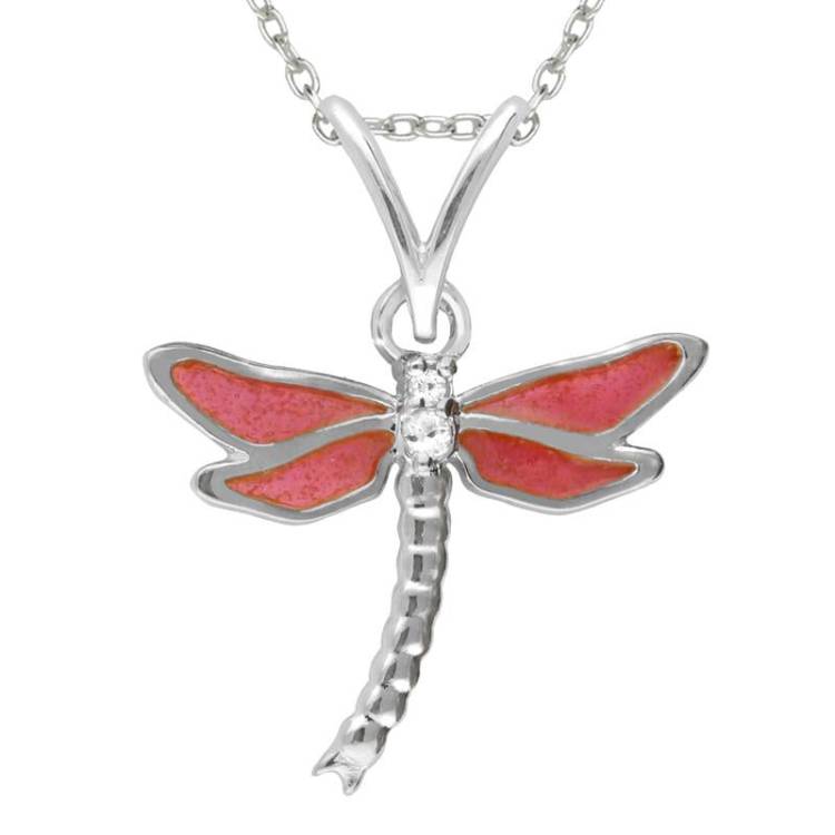 Sterling Silver White Sapphire Red Enamel House Style Dragonfly Necklace