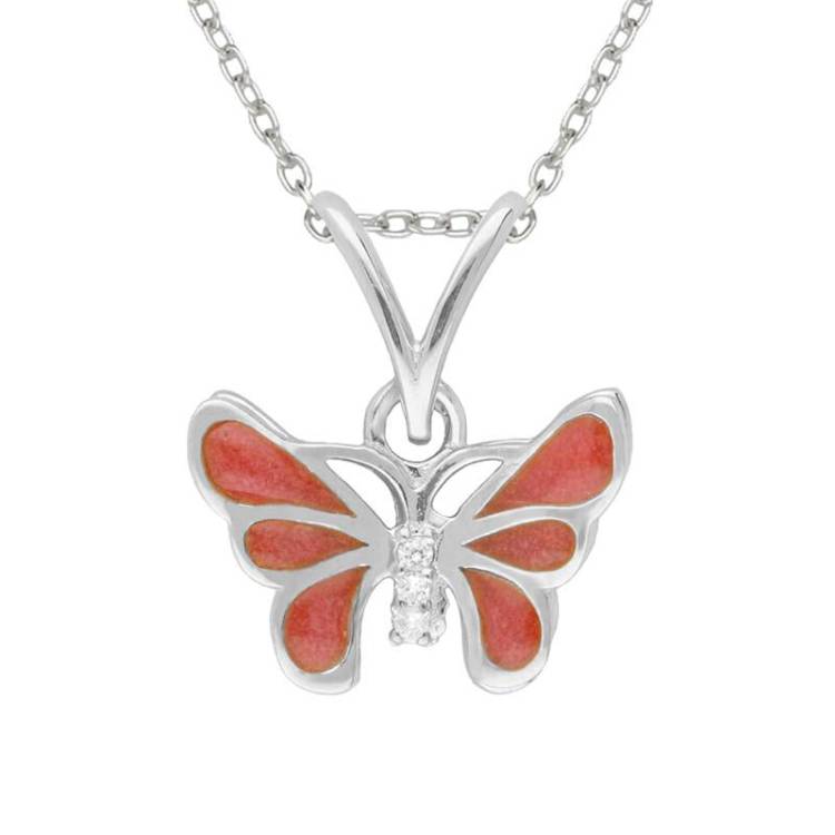 Sterling Silver White Sapphire Red Enamel House Style Butterfly Necklace