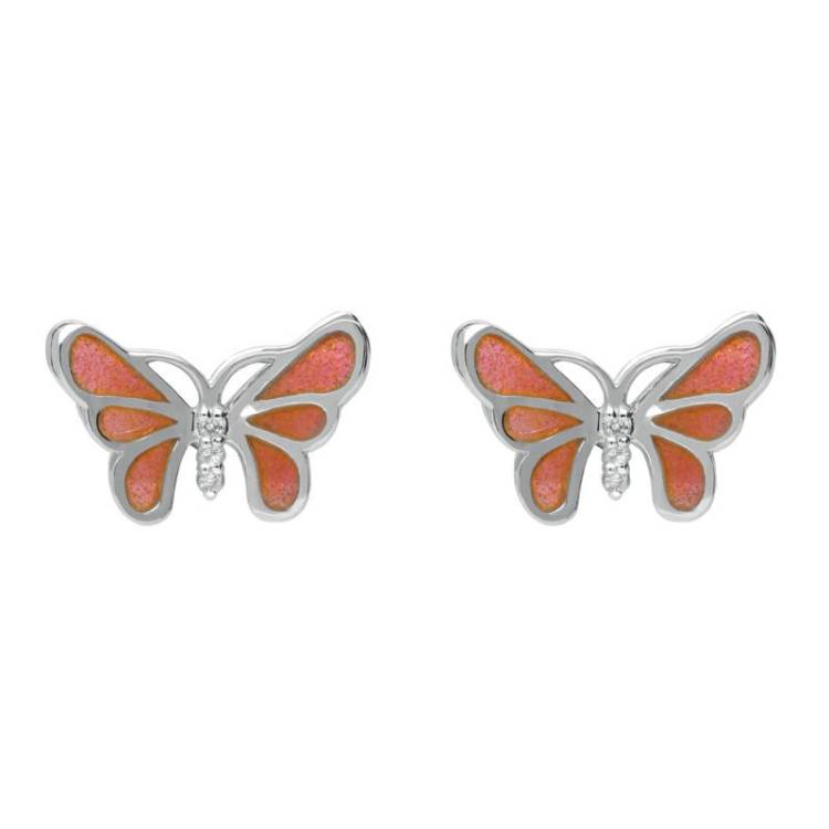 Sterling Silver White Sapphire Red Enamel House Style Butterfly Stud Earrings - Silver