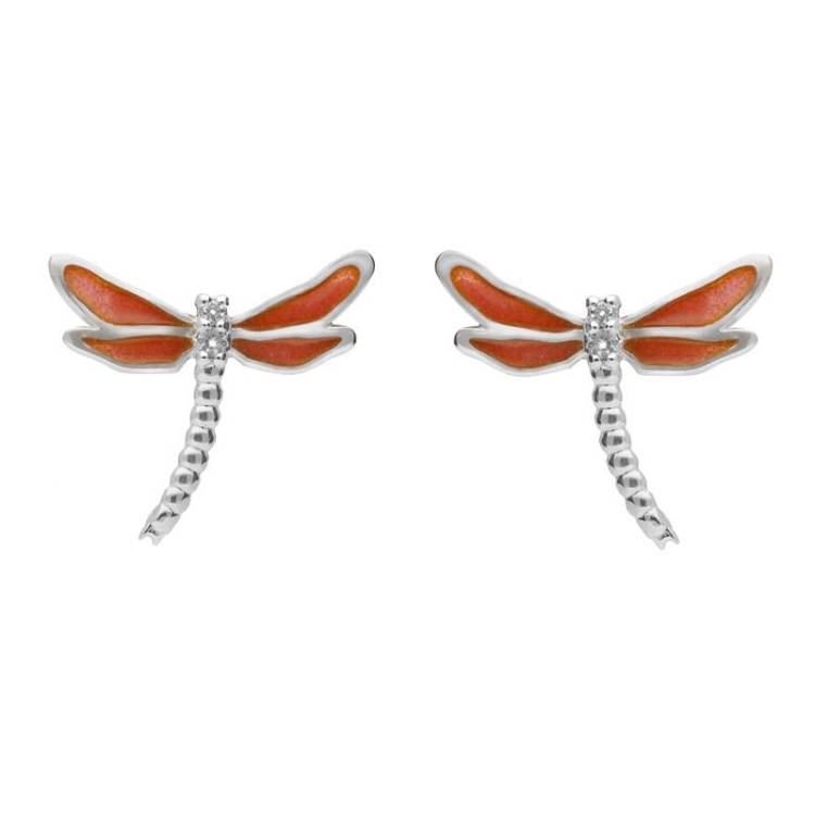 Sterling Silver White Sapphire Red Enamel House Style Dragonfly Stud Earrings - Silver