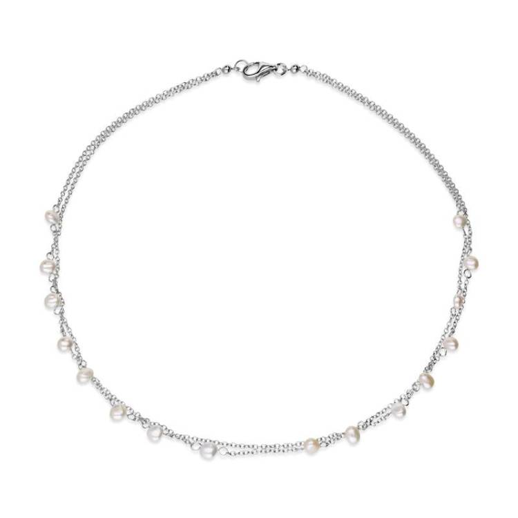 Sterling Silver White and Silver Pearl Double Chain Necklace D