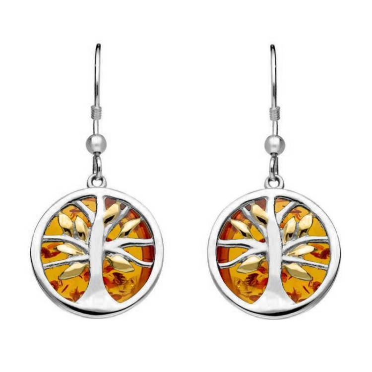 Sterling Silver Yellow Gold Plate Amber Round Tree of Life Drop Earrings