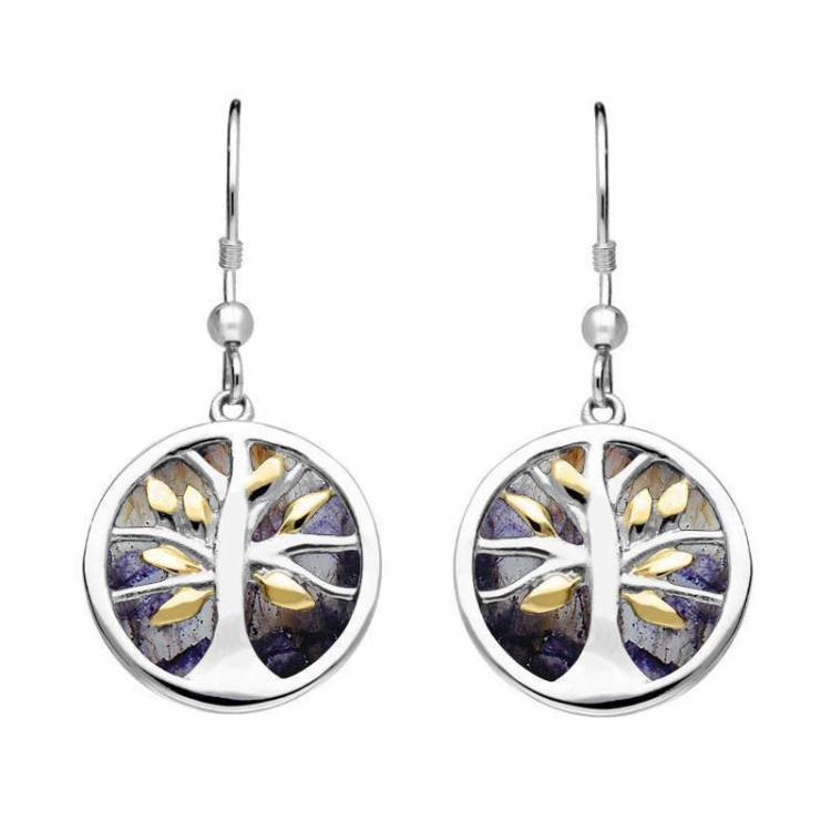 Sterling Silver Gold Plate Blue John Round Tree of Life Drop Earrings