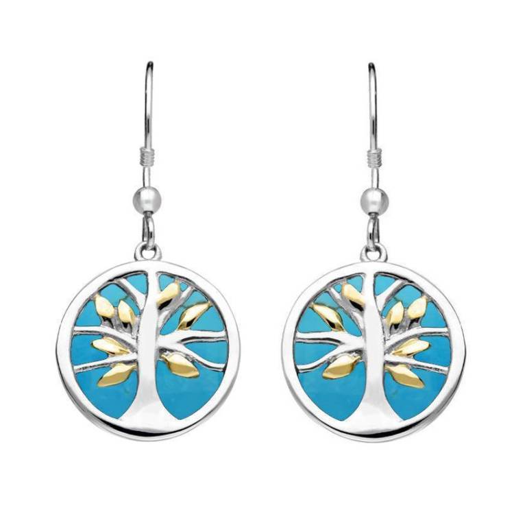 Sterling Silver Gold Plate Turquoise Round Tree of Life Drop Earrings