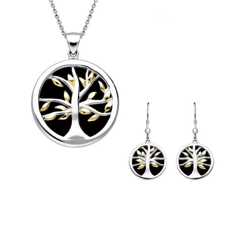 Sterling Silver Yellow Gold Plate Whitby Jet Medium Round Tree of Life Two Piece Set