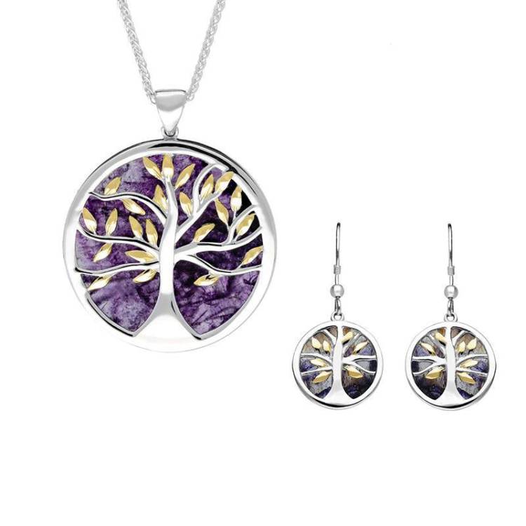 Sterling Silver Yellow Gold Plated Blue John Large Round Tree of Life Two Piece Set