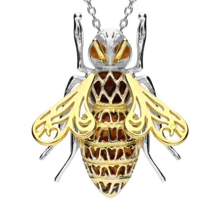 Yellow Gold Sterling Silver Plated Amber Honey Bee Necklace