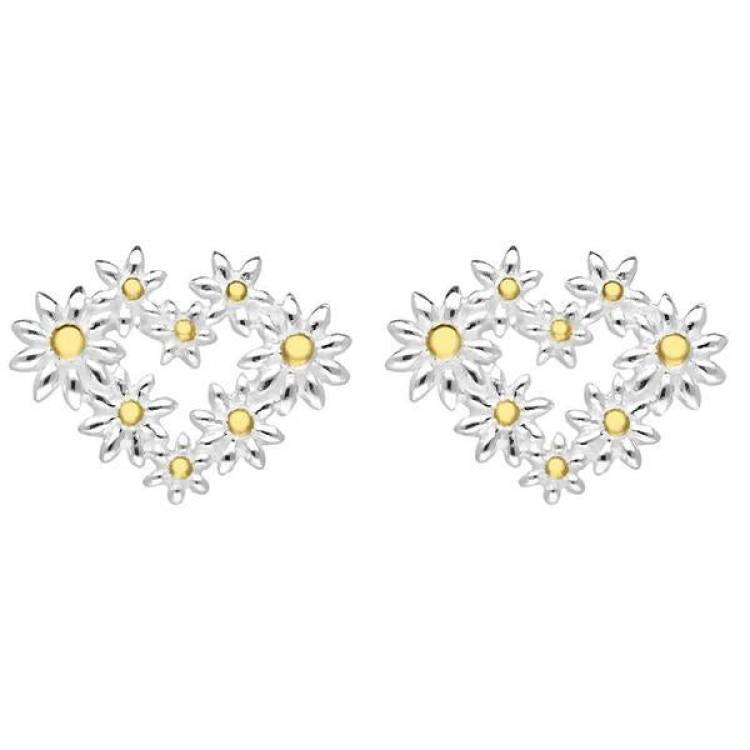 Yellow Gold Plated Sterling Silver Daisy Heart Shaped Stud Earrings