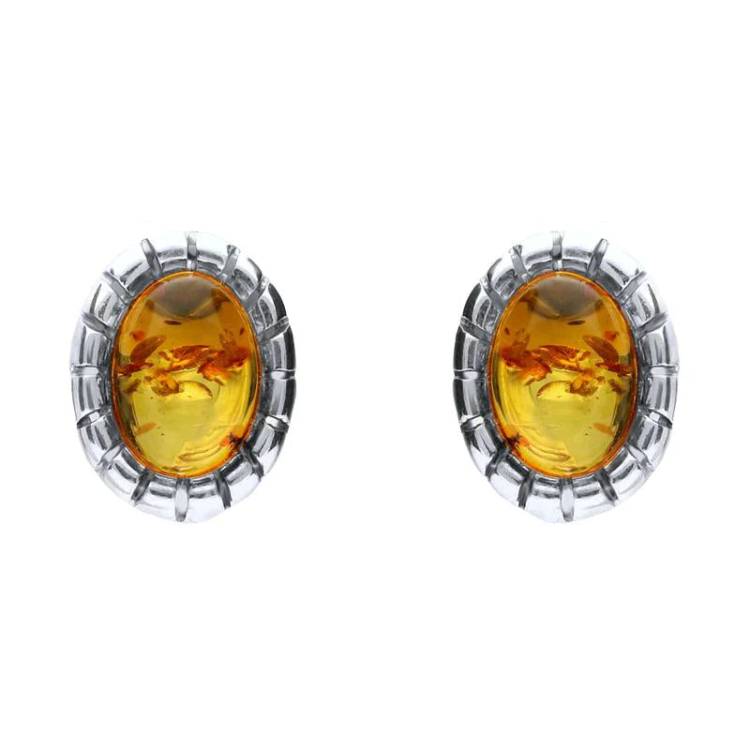 Sterling Silver Baltic Amber Oval Beaded Edge Small Stud Earrings - Silver