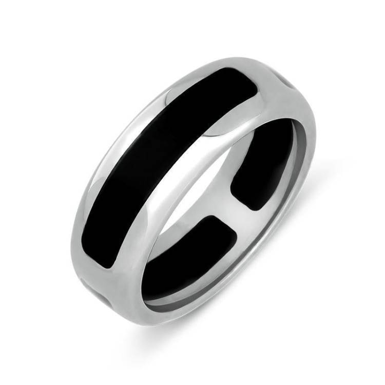 Sterling Silver and Whitby Jet 8mm Wedding Ring - Silver