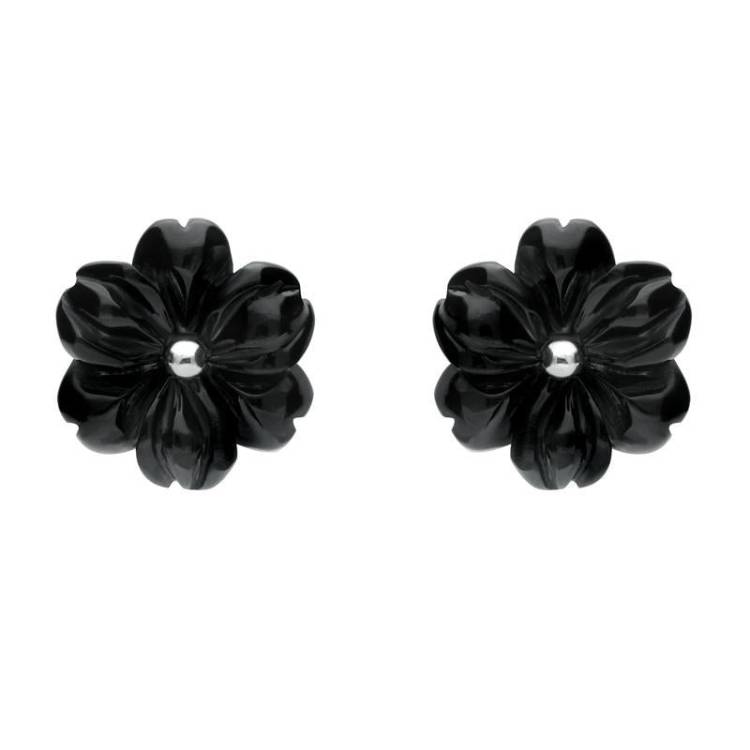 Sterling Silver Whitby Jet Tuberose 12mm Flower Stud Earrings - Silver