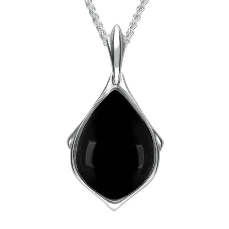 Sterling Silver Whitby Jet Framed Pear Necklace - Silver