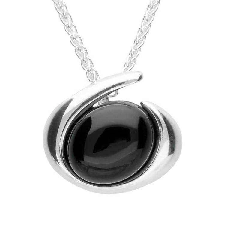 Sterling Silver and Whitby Jet Oval Swirl Necklace - Option1 Value Silver