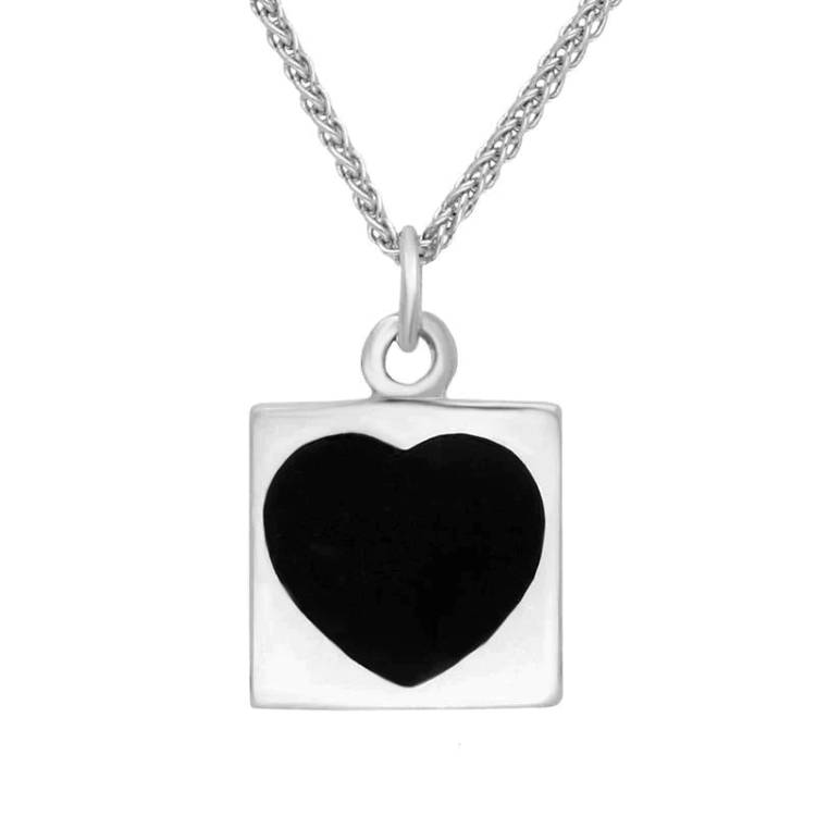 Sterling Silver and Whitby Jet Square Heart Necklace - Silver