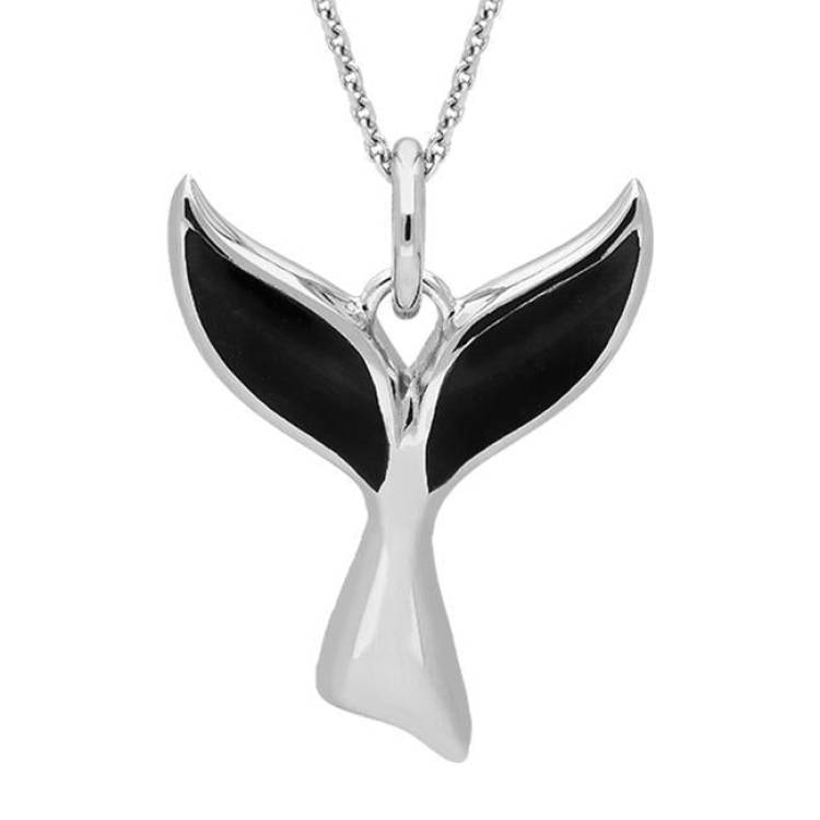 Sterling Silver Whitby Jet Whale Tail Necklace - Silver