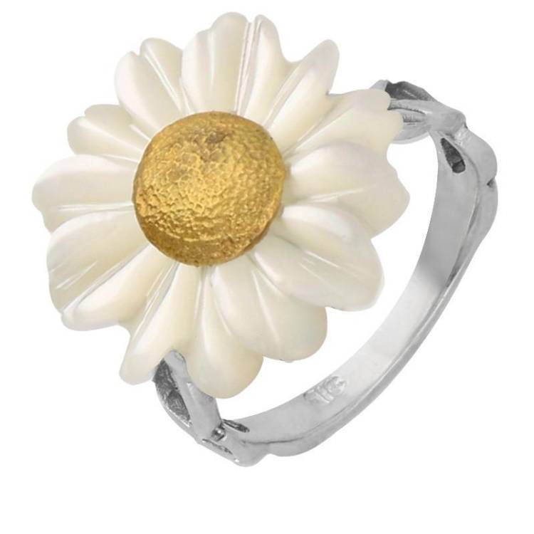 Sterling Silver and Yellow Gold White Mother Of Pearl Tuberose 21mm Daisy Ring - Option1 Value Yellow Gold